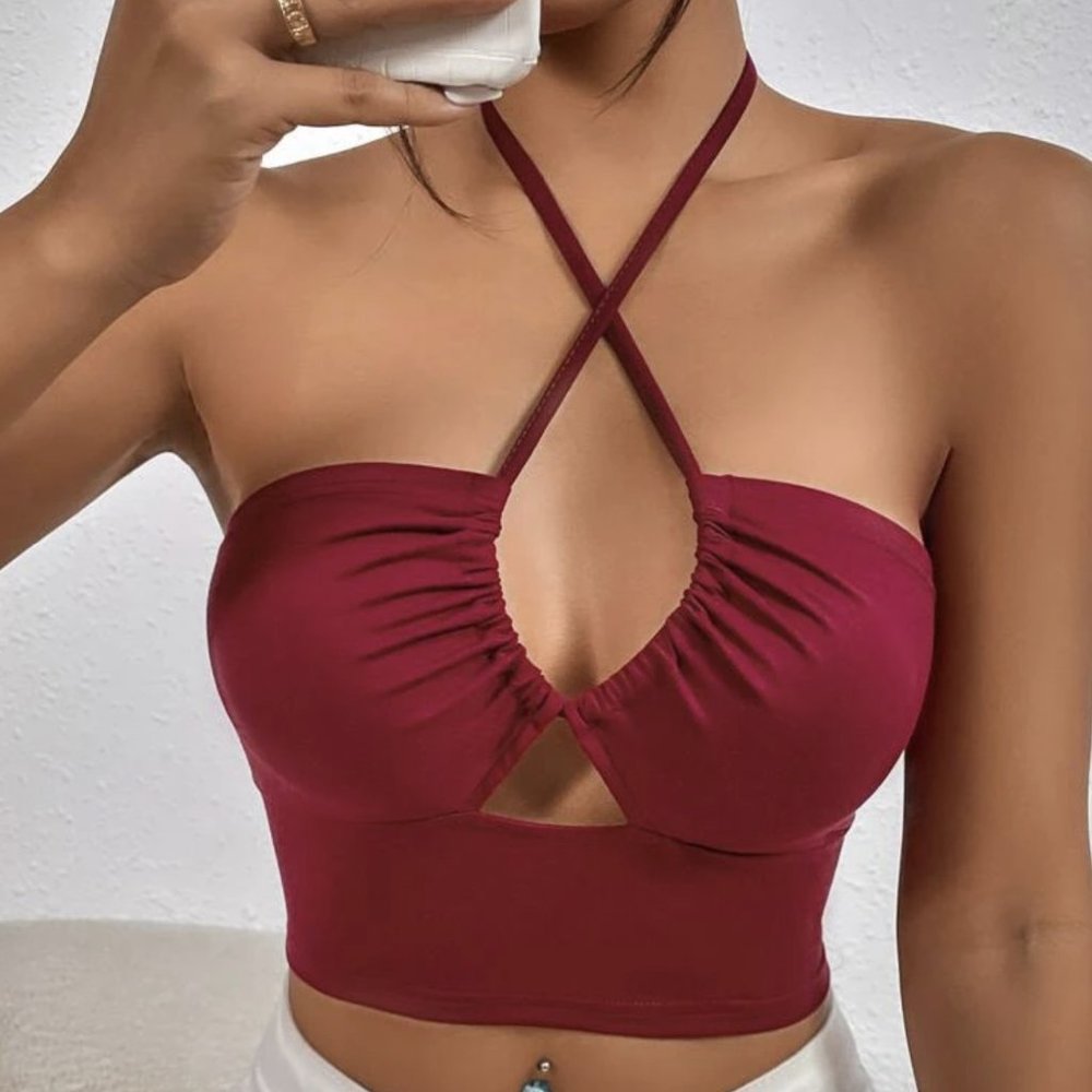 Cut Out Crisscross Front Crop Halter Top